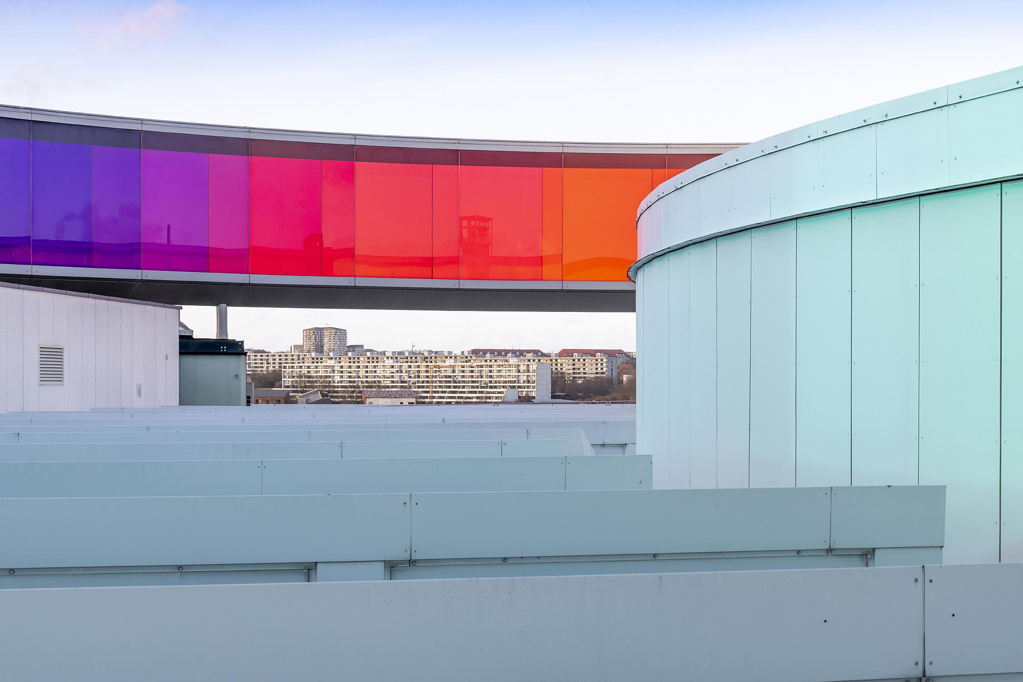 Your Rainbow Panorama by Olafur Eliasson - sits above ARoS gallery in Aahhus , Denmark